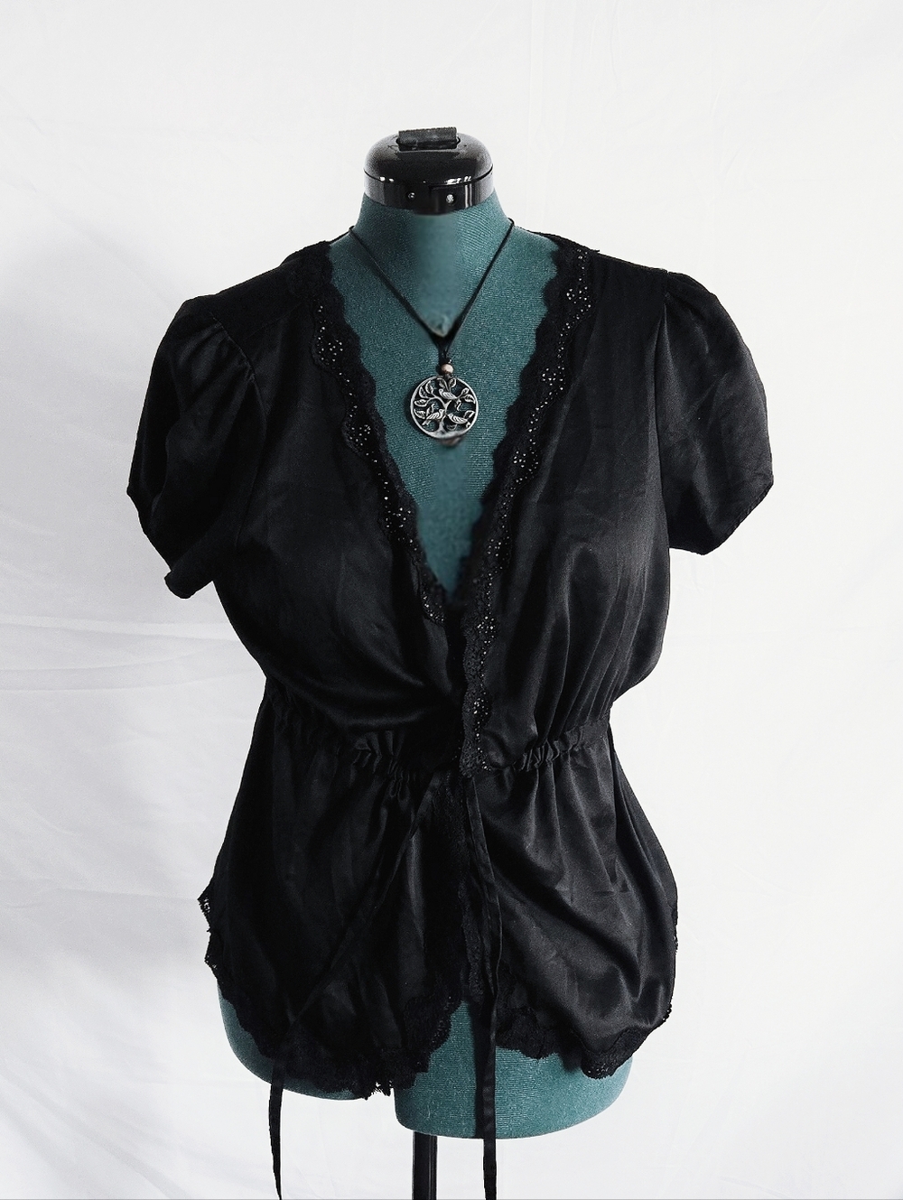 Black Short Sleeve Lace-Trim Women's Top